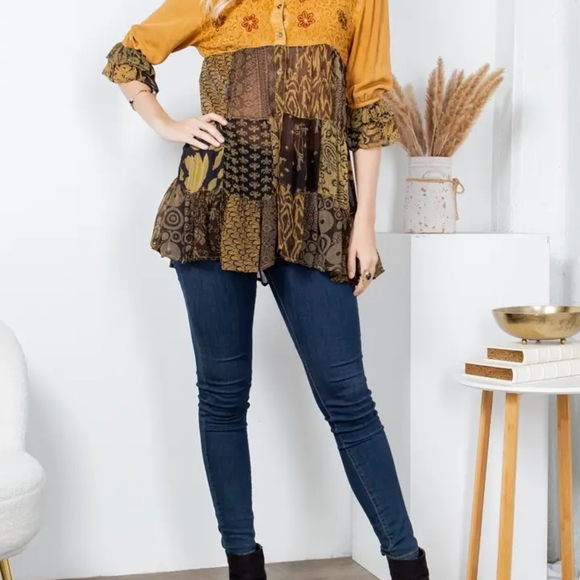 #116 NWT Young Threads Camel Earthy Boho Patchwork Tiered Top Woman Size L - Picture 15 of 16